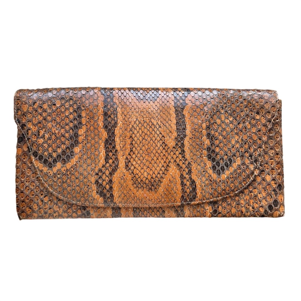 Vintage Snakeskin Print Envelope Clutch Women Large Brown Tan Excellent 90s Glam